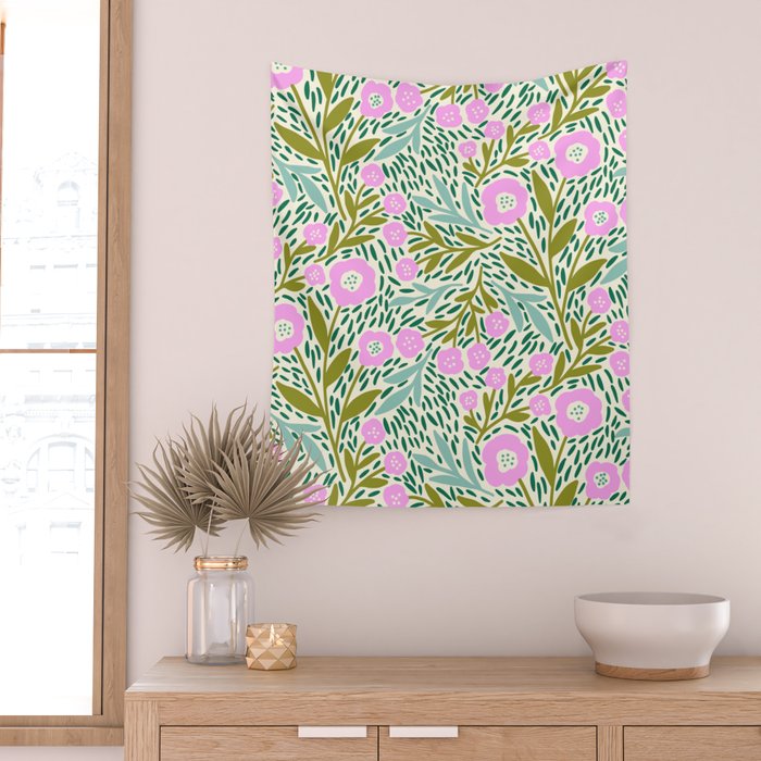 Botanical Garden - Pink and Green Wall Tapestry Gallery Image 2