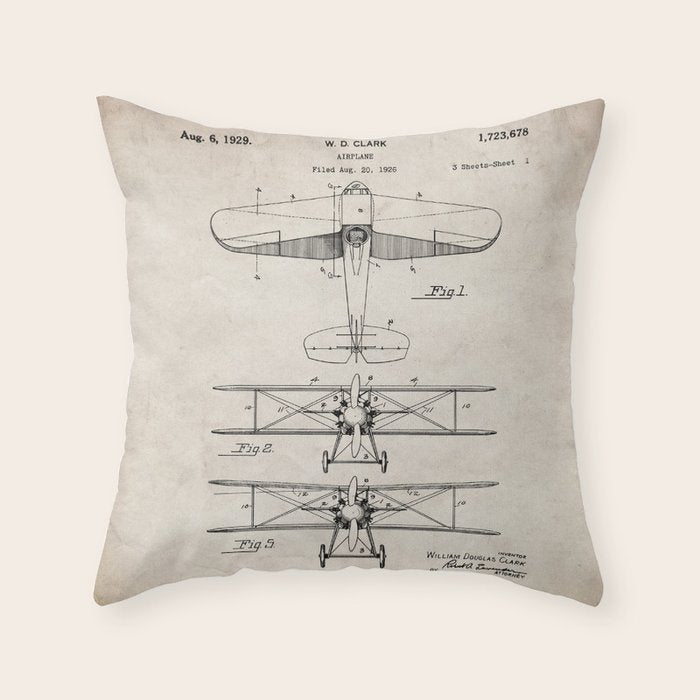 Biplane Patent - Aviation Art - Antique Throw Pillow Gallery Image 1