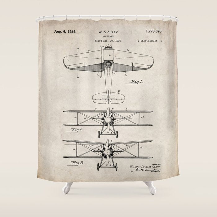 Biplane Patent - Aviation Art - Antique Shower Curtain Gallery Image 1
