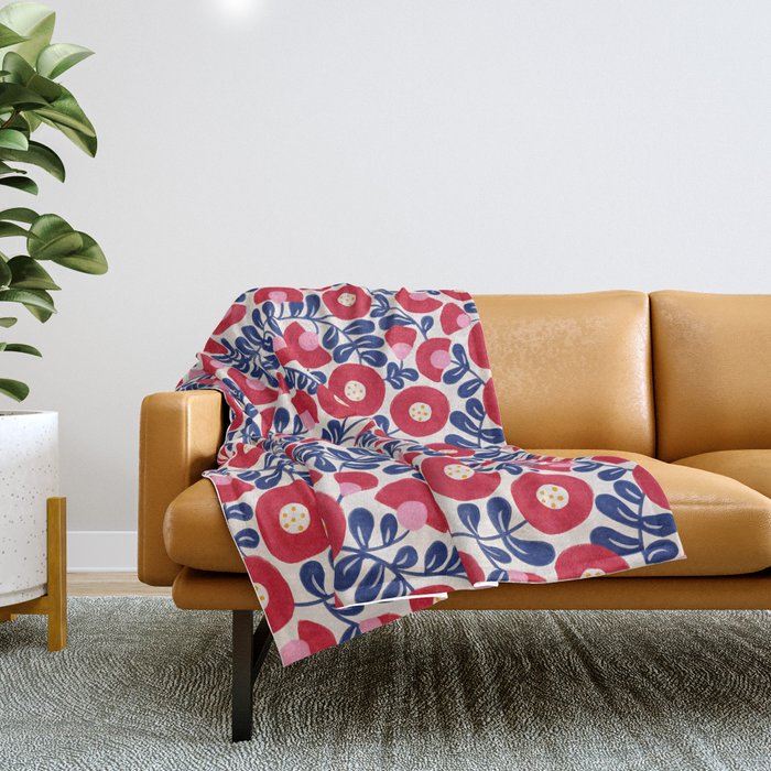 Bold Red and Blue Flower Pattern Throw Blanket Gallery Image 1