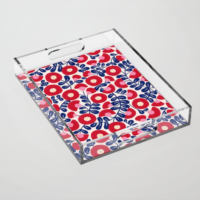 Bold Red and Blue Flower Pattern Acrylic Tray Gallery Image 1