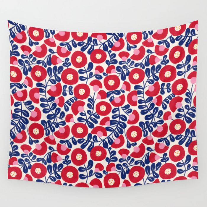 Bold Red and Blue Flower Pattern Wall Tapestry Gallery Image 4