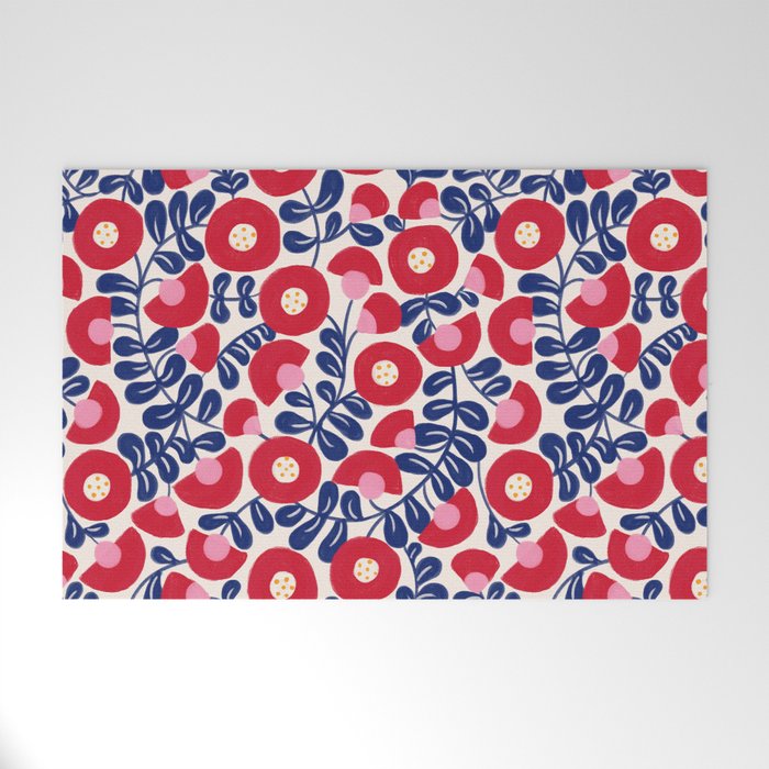 Bold Red and Blue Flower Pattern Welcome Mat Gallery Image 1