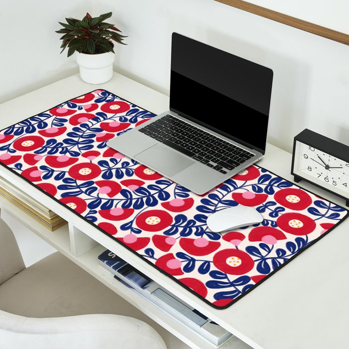 Bold Red and Blue Flower Pattern Desk Mat Gallery Image 2