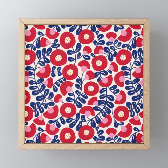 Bold Red and Blue Flower Pattern Mini Art Print Gallery Image 1