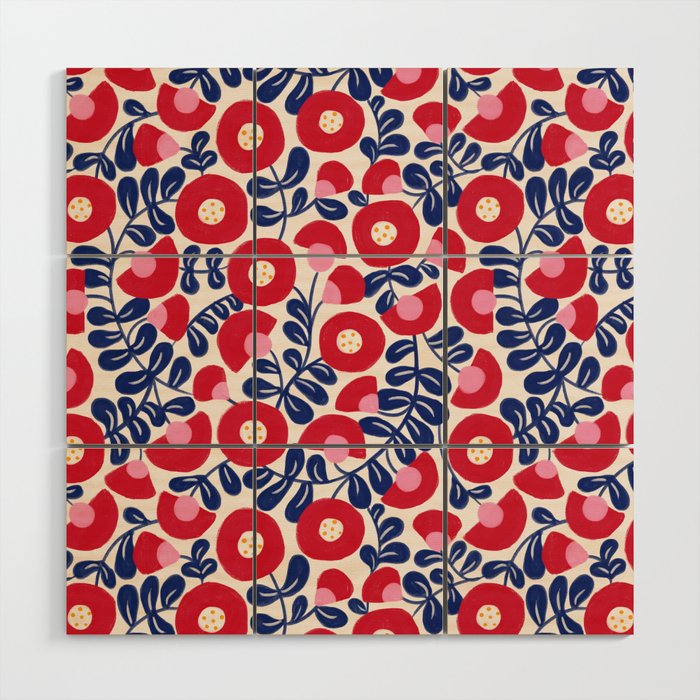 Bold Red and Blue Flower Pattern Wood Wall Art Gallery Image 1