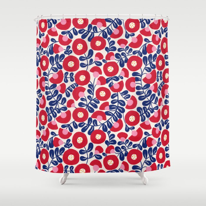 Bold Red and Blue Flower Pattern Shower Curtain Gallery Image 1