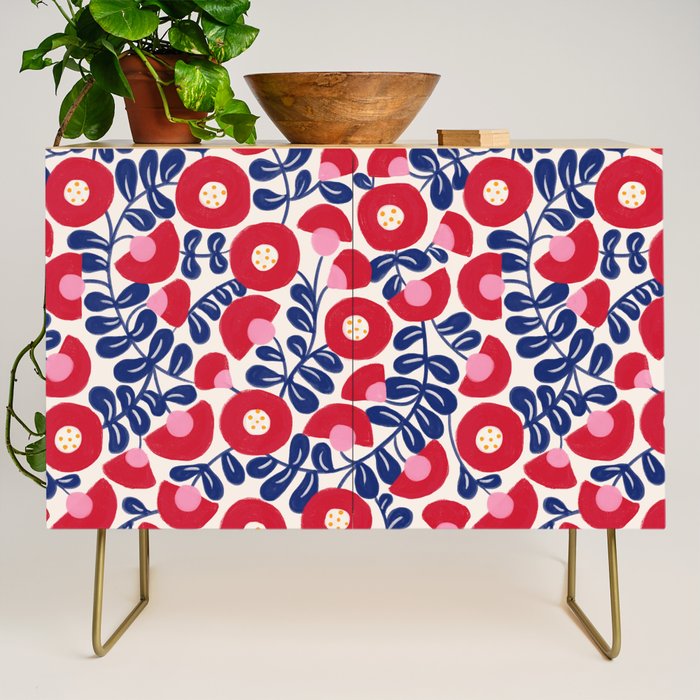 Bold Red and Blue Flower Pattern Credenza Gallery Image 1