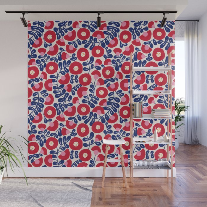 Bold Red and Blue Flower Pattern Wall Mural Gallery Image 1