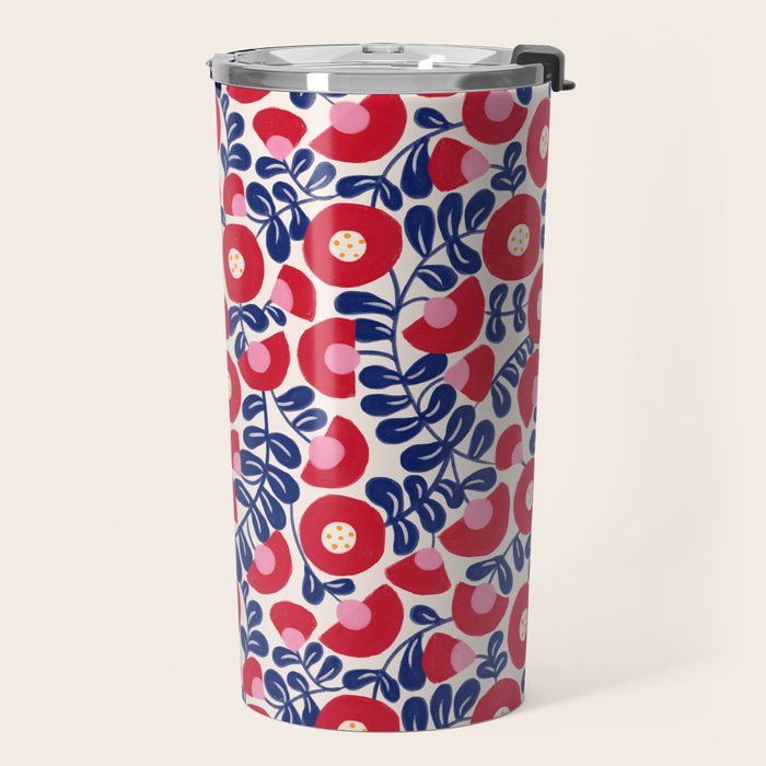 Bold Red and Blue Flower Pattern Travel Mug Gallery Image 2