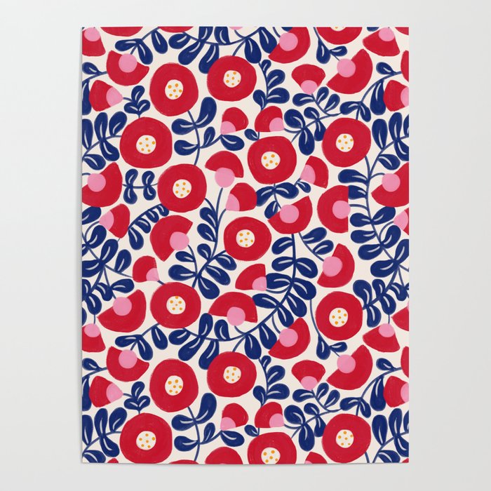 Bold Red and Blue Flower Pattern Poster Gallery Image 4