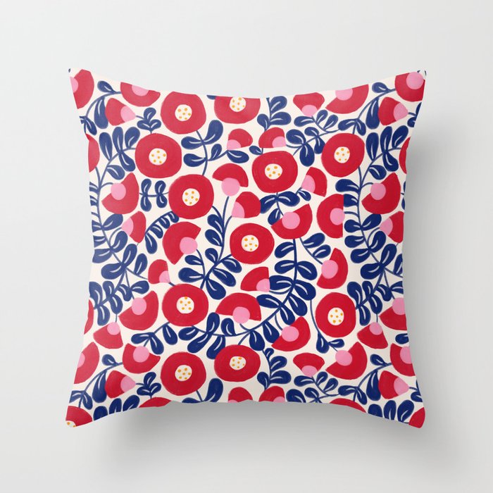 Bold Red and Blue Flower Pattern Throw Pillow Gallery Image 1