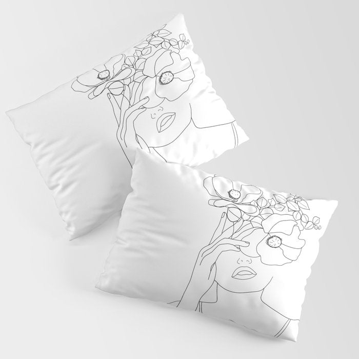 Minimal Line Art Woman with Flowers II Pillow Sham Gallery Image 3