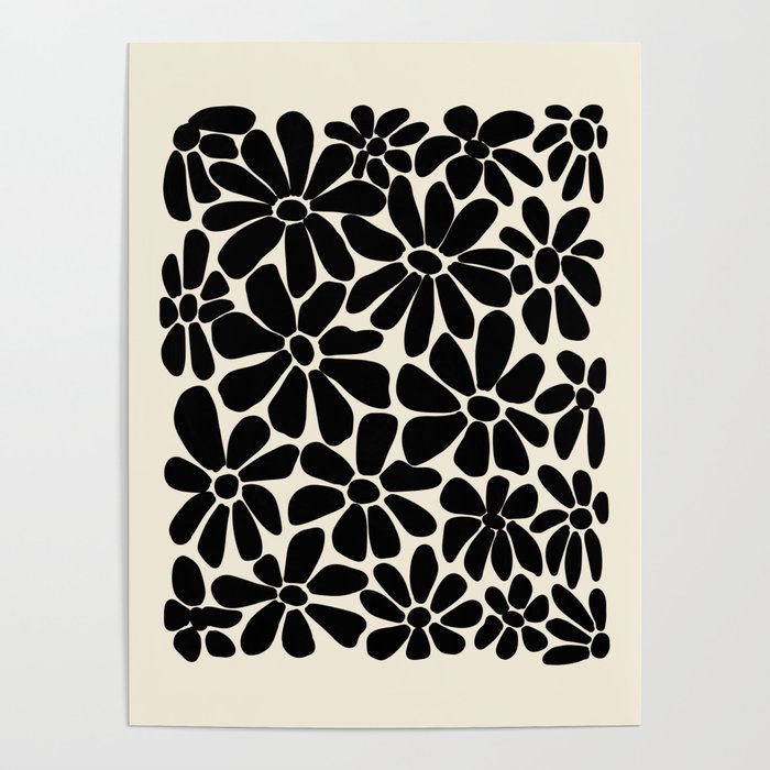 Black and White Retro Floral Art Print  Poster Gallery Image 1