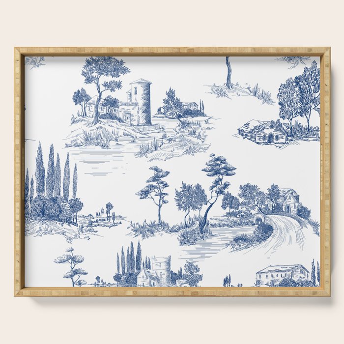 Toile de Jouy Vintage French Navy Blue White Pastoral Pattern Serving Tray Gallery Image 1