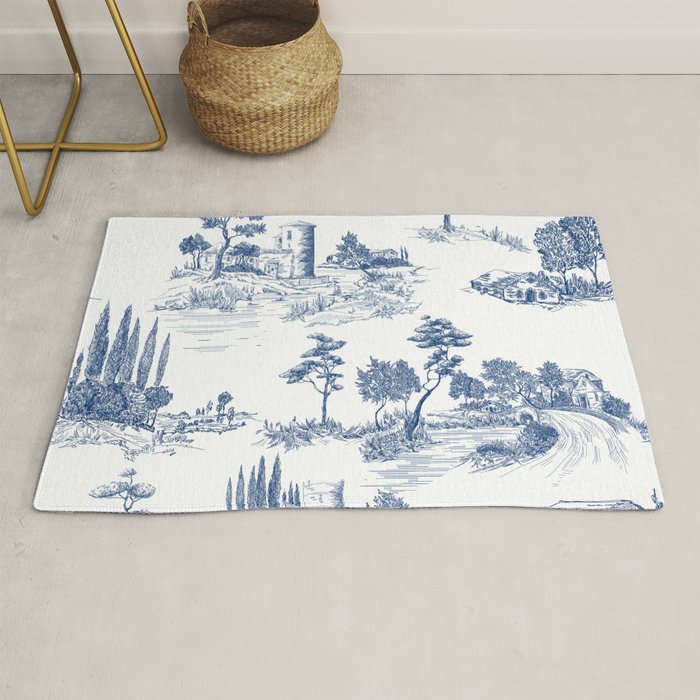 Toile de Jouy Vintage French Navy Blue White Pastoral Pattern Rug Gallery Image 1