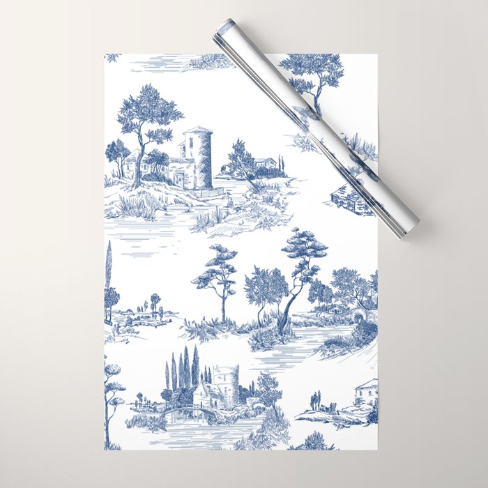 Toile de Jouy Vintage French Navy Blue White Pastoral Pattern Wrapping Paper Gallery Image 1