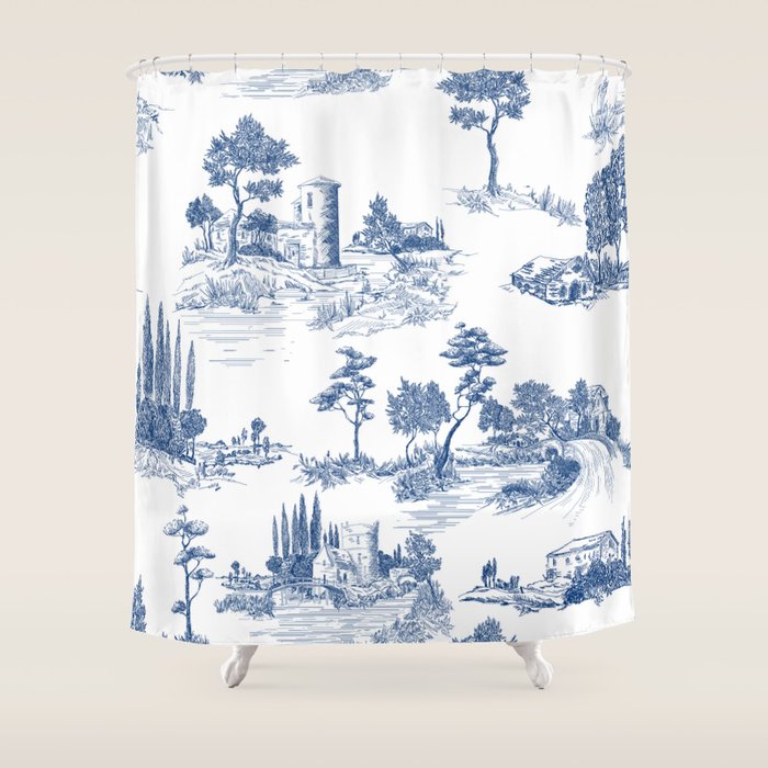 Toile de Jouy Vintage French Navy Blue White Pastoral Pattern Shower Curtain Gallery Image 1
