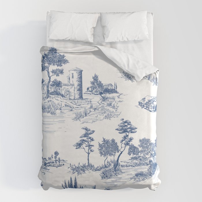 Toile de Jouy Vintage French Navy Blue White Pastoral Pattern Duvet Cover Gallery Image 1