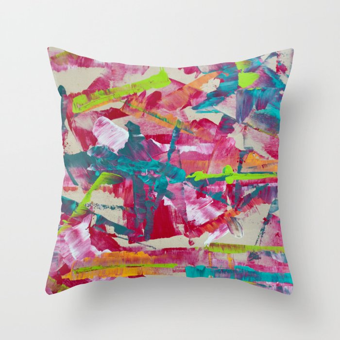 Confetti: A colorful abstract design in neon pink, neon green, and neon blue Throw Pillow Gallery Image 1