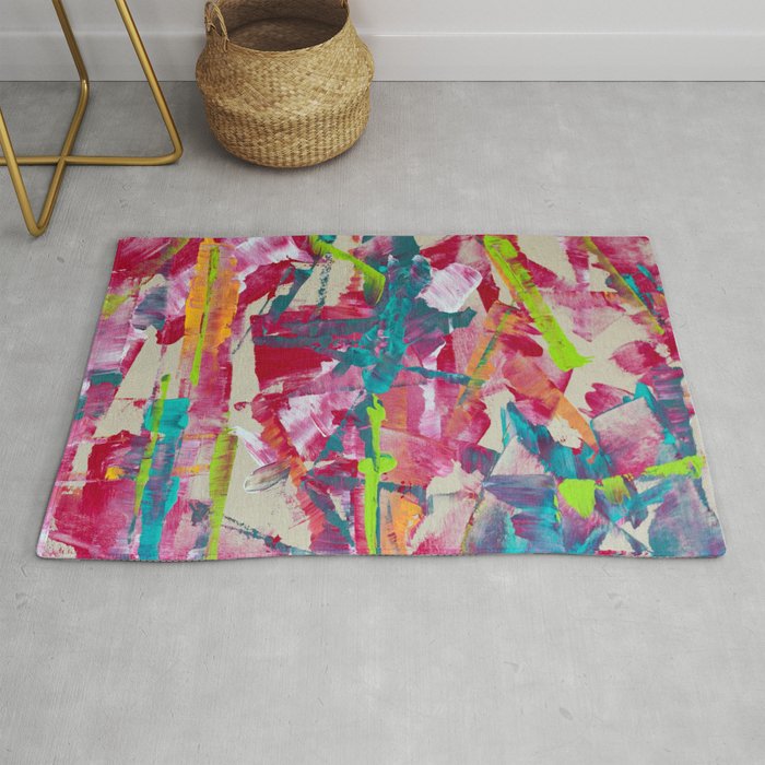 Confetti: A colorful abstract design in neon pink, neon green, and neon blue Rug Gallery Image 1
