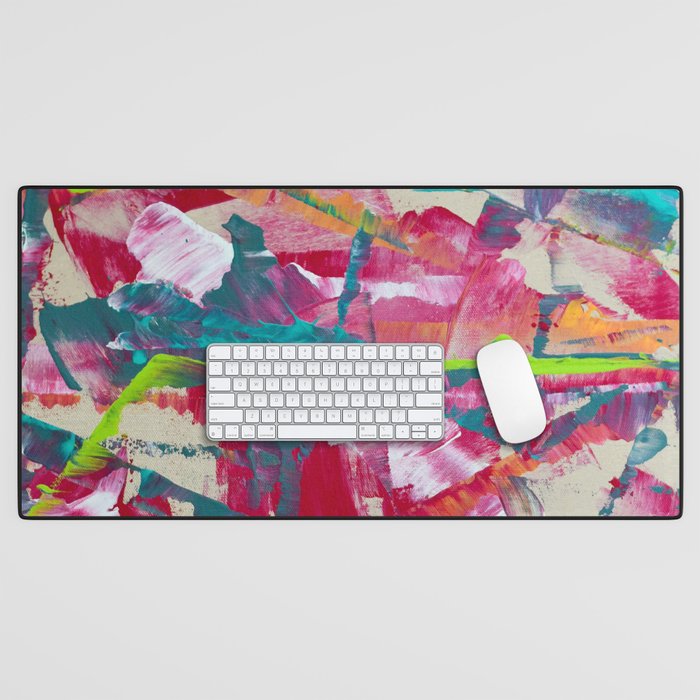 Confetti: A colorful abstract design in neon pink, neon green, and neon blue Desk Mat Gallery Image 1