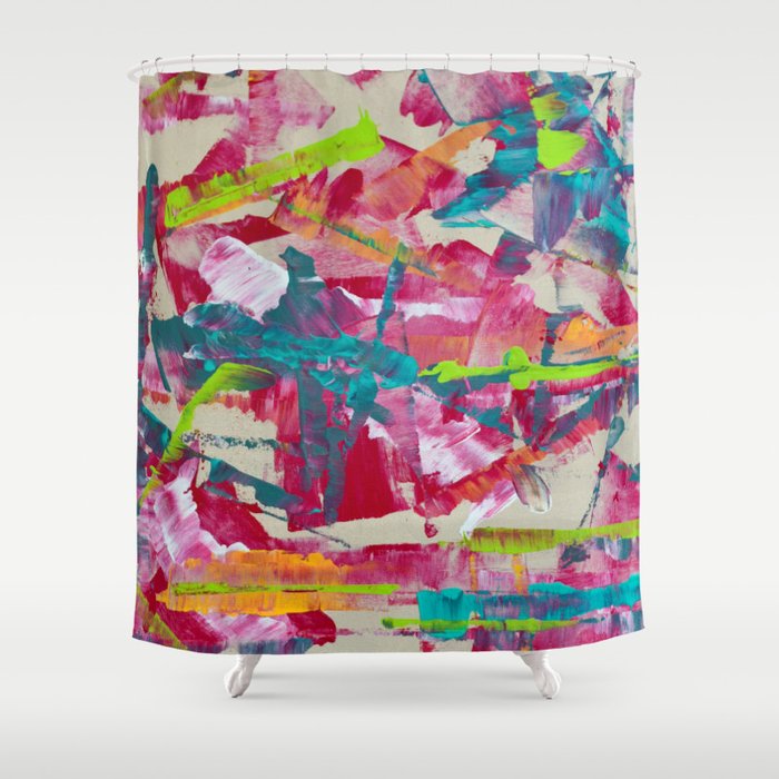 Confetti: A colorful abstract design in neon pink, neon green, and neon blue Shower Curtain Gallery Image 1