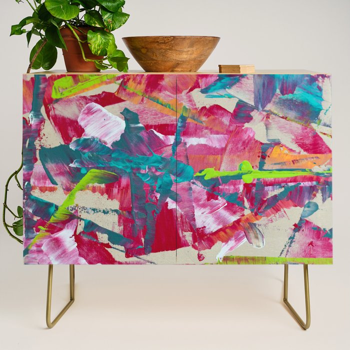 Confetti: A colorful abstract design in neon pink, neon green, and neon blue Credenza Gallery Image 1