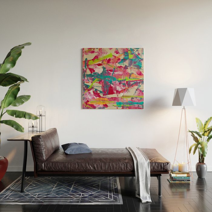 Confetti: A colorful abstract design in neon pink, neon green, and neon blue Wood Wall Art Gallery Image 2