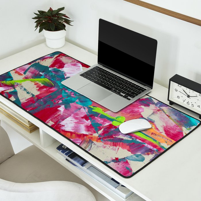 Confetti: A colorful abstract design in neon pink, neon green, and neon blue Desk Mat Gallery Image 2