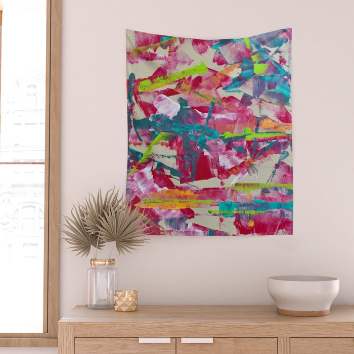 Confetti: A colorful abstract design in neon pink, neon green, and neon blue Wall Tapestry Gallery Image 2