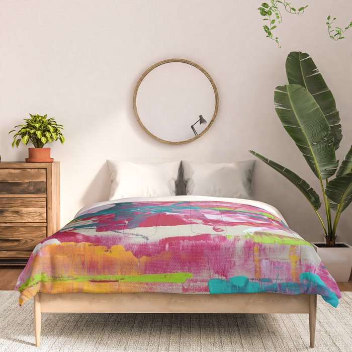 Confetti: A colorful abstract design in neon pink, neon green, and neon blue Comforter Gallery Image 3