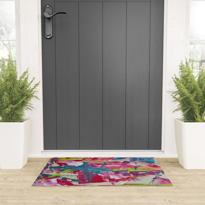 Confetti: A colorful abstract design in neon pink, neon green, and neon blue Welcome Mat Gallery Image 3