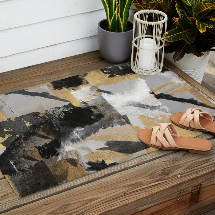 Gold leaf black, geometrical abstract Outdoor Rug Gallery Image 2