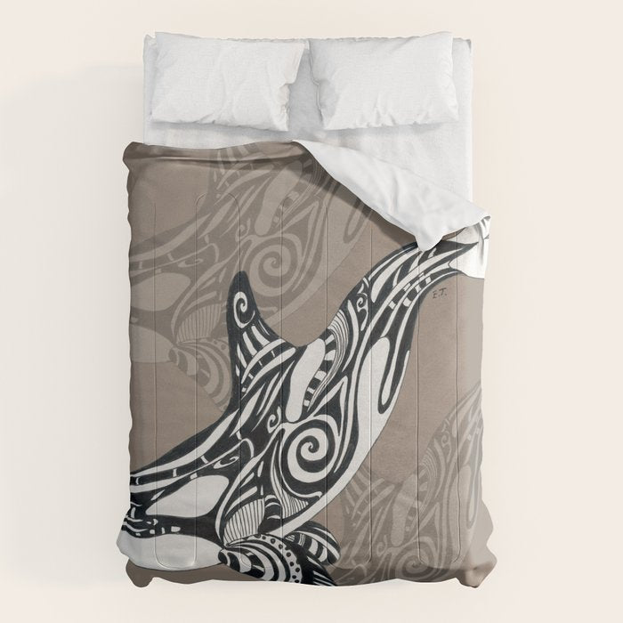 Orca Killer Whale Tribal Tattoo Tlingit Taupe Ink Comforter Gallery Image 1