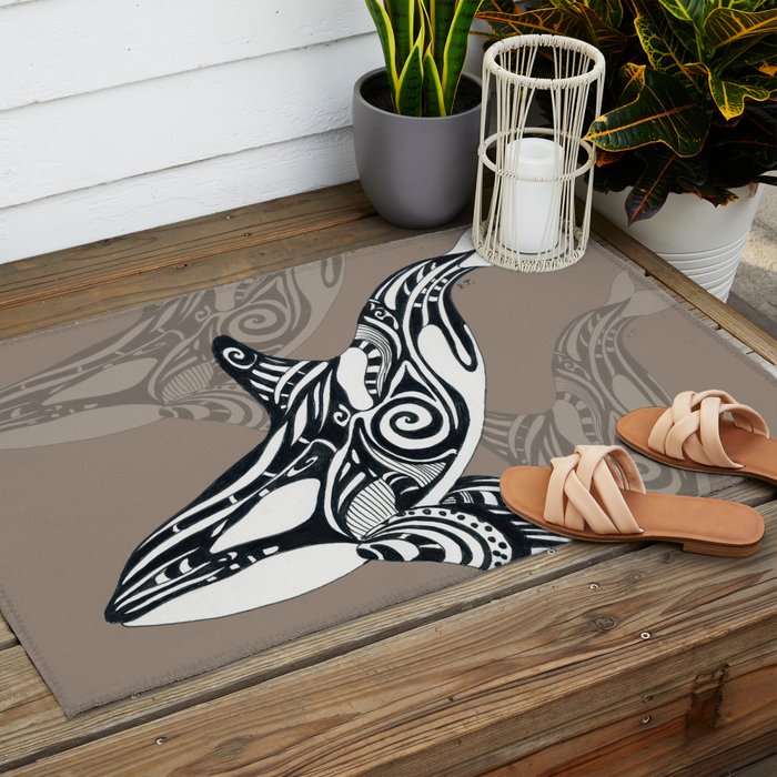Orca Killer Whale Tribal Tattoo Tlingit Taupe Ink Outdoor Rug Gallery Image 2