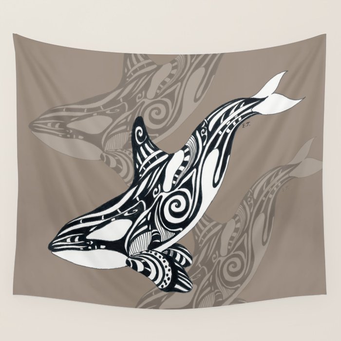Orca Killer Whale Tribal Tattoo Tlingit Taupe Ink Wall Tapestry Gallery Image 4