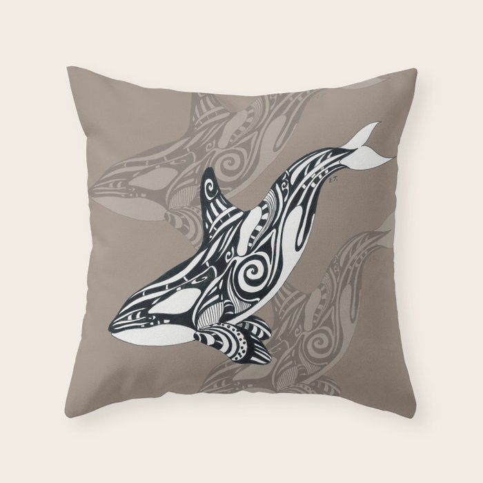 Orca Killer Whale Tribal Tattoo Tlingit Taupe Ink Throw Pillow Gallery Image 1