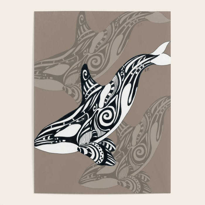 Orca Killer Whale Tribal Tattoo Tlingit Taupe Ink Poster Gallery Image 1