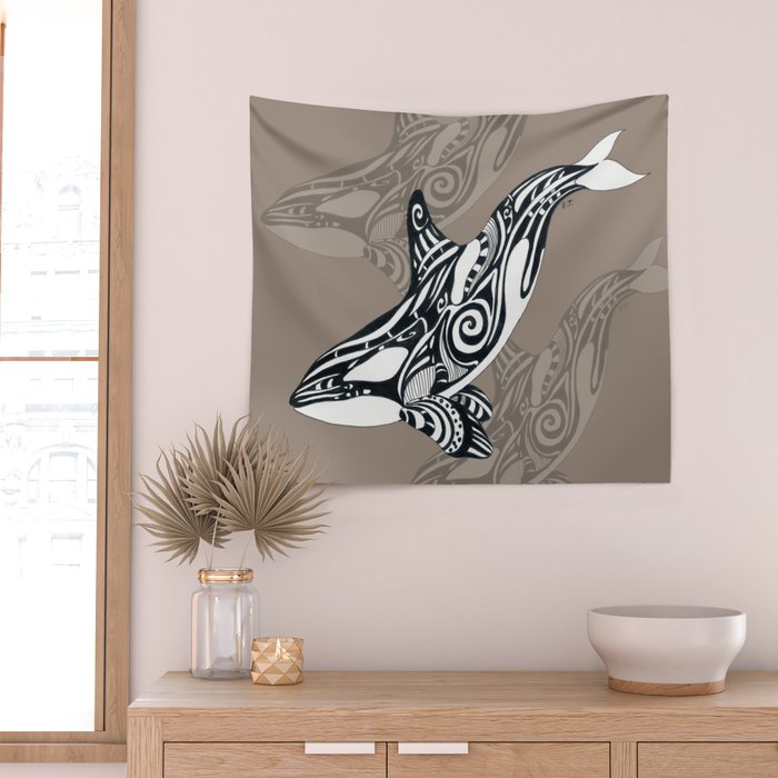 Orca Killer Whale Tribal Tattoo Tlingit Taupe Ink Wall Tapestry Gallery Image 2