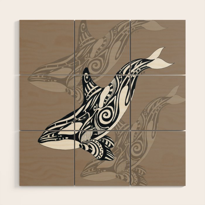Orca Killer Whale Tribal Tattoo Tlingit Taupe Ink Wood Wall Art