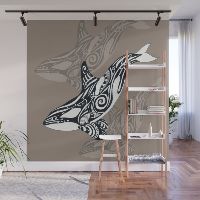 Orca Killer Whale Tribal Tattoo Tlingit Taupe Ink Wall Mural