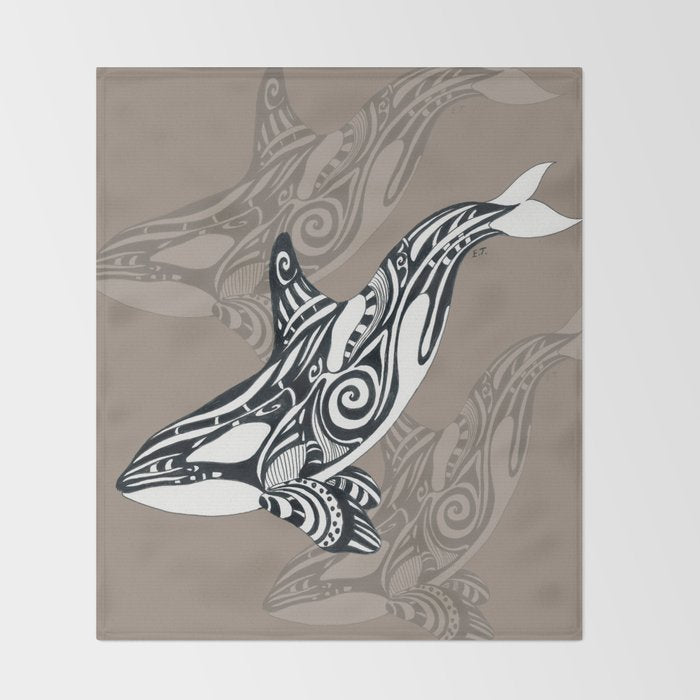 Orca Killer Whale Tribal Tattoo Tlingit Taupe Ink Throw Blanket Gallery Image 2