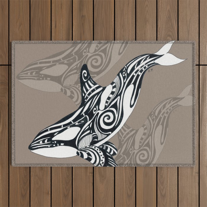Orca Killer Whale Tribal Tattoo Tlingit Taupe Ink Outdoor Rug Gallery Image 1
