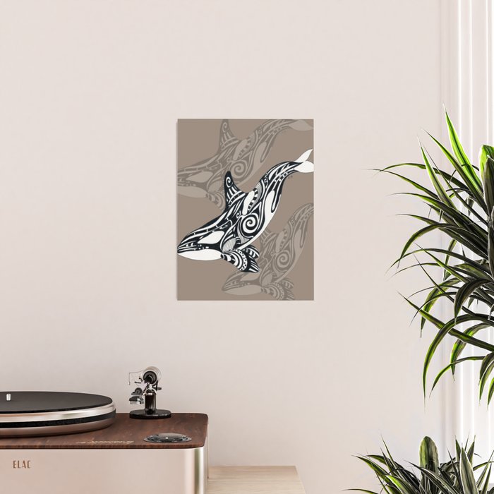 Orca Killer Whale Tribal Tattoo Tlingit Taupe Ink Poster Gallery Image 2