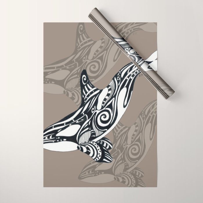 Orca Killer Whale Tribal Tattoo Tlingit Taupe Ink Wrapping Paper Gallery Image 1