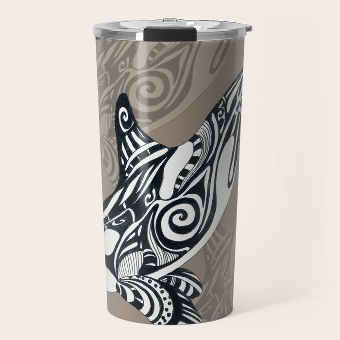 Orca Killer Whale Tribal Tattoo Tlingit Taupe Ink Travel Mug Gallery Image 1