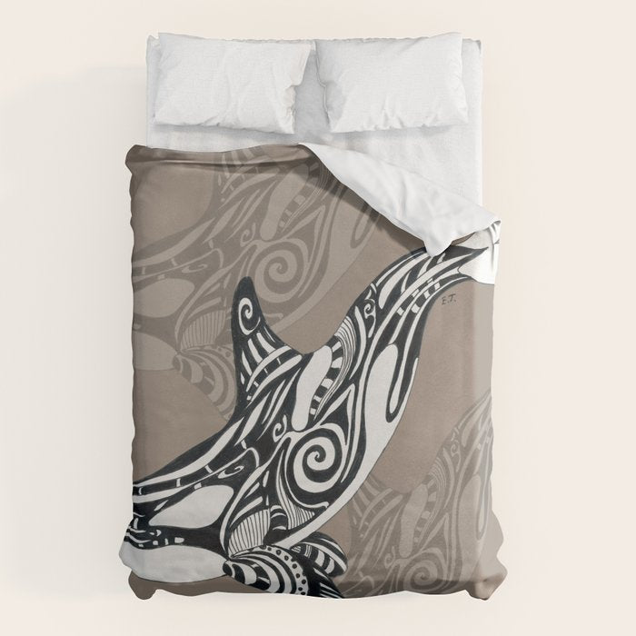 Orca Killer Whale Tribal Tattoo Tlingit Taupe Ink Duvet Cover Gallery Image 6