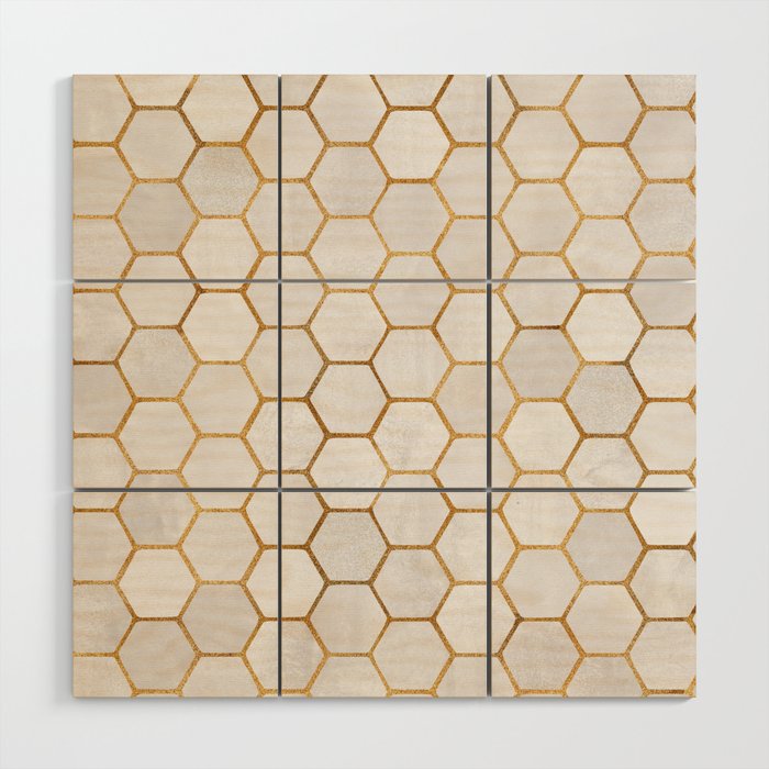 Neutral Geometric Hexagon Pattern Wood Wall Art Gallery Image 1