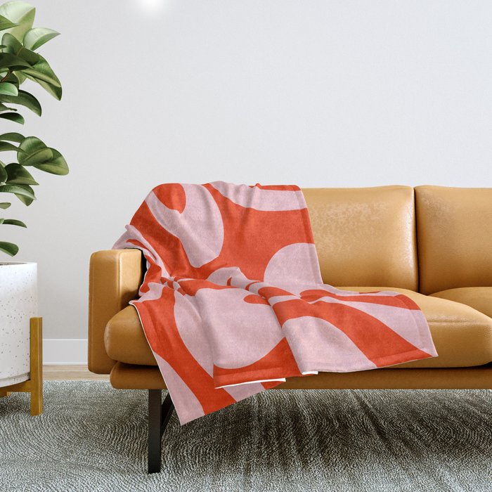 Retro Modern Soft Curves Abstract Contemporary Pattern in Bold Red-Orange and Pink Throw Blanket Gallery Image 1